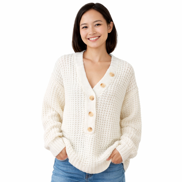 Pink Lily Sweaters - Pink Lily Cable Knit Sweater XS White Oversized Deep V Neck Button Accent Boho